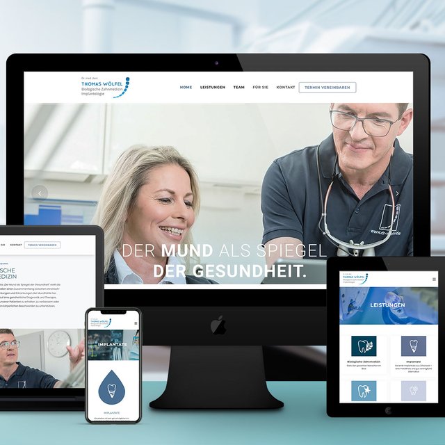 Startseite von der Webseite von Dr.Wölfel auf Smartphone, Laptop und Tablet und Computer geöffnet